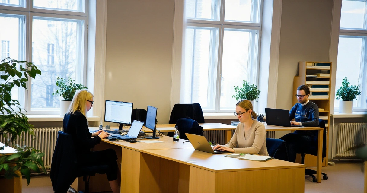 Suomalainen virastoympäristö, jossa virkailijat työskentelevät modernissa toimistossa