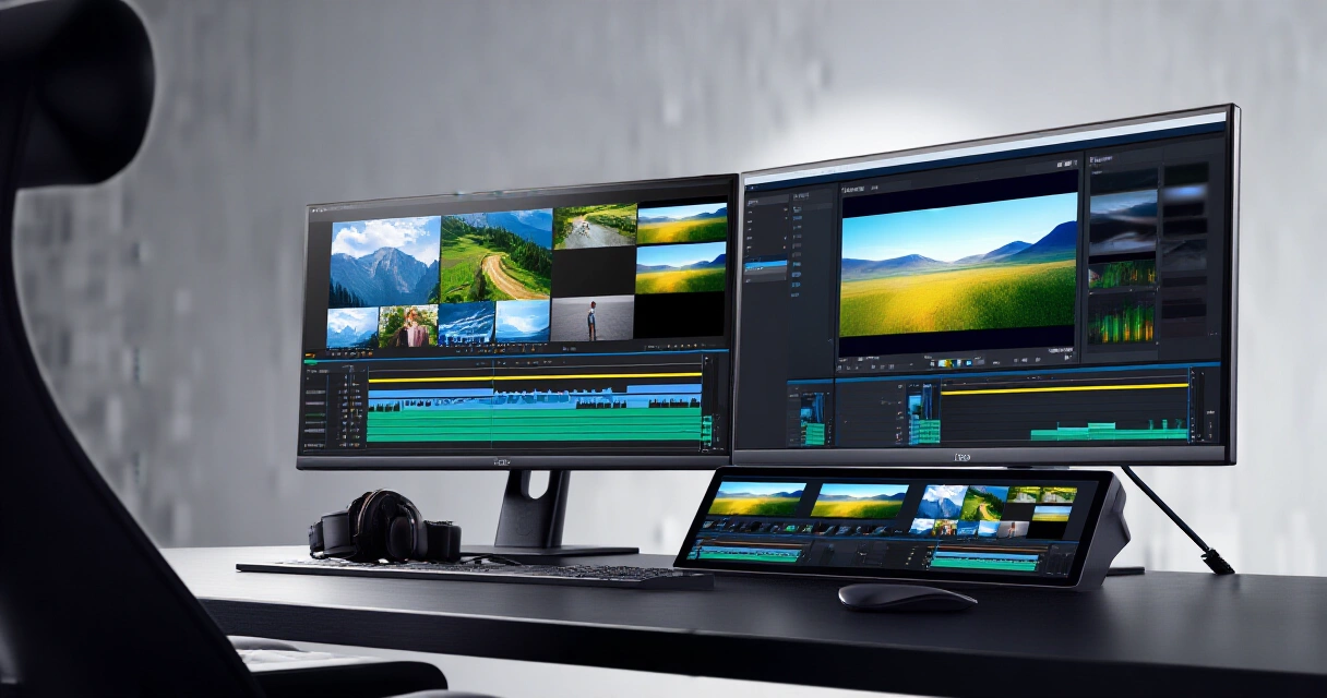 Tekoälyvideointityökalut ammattimaisessa videotuotantostudiossa useiden näyttöjen takana