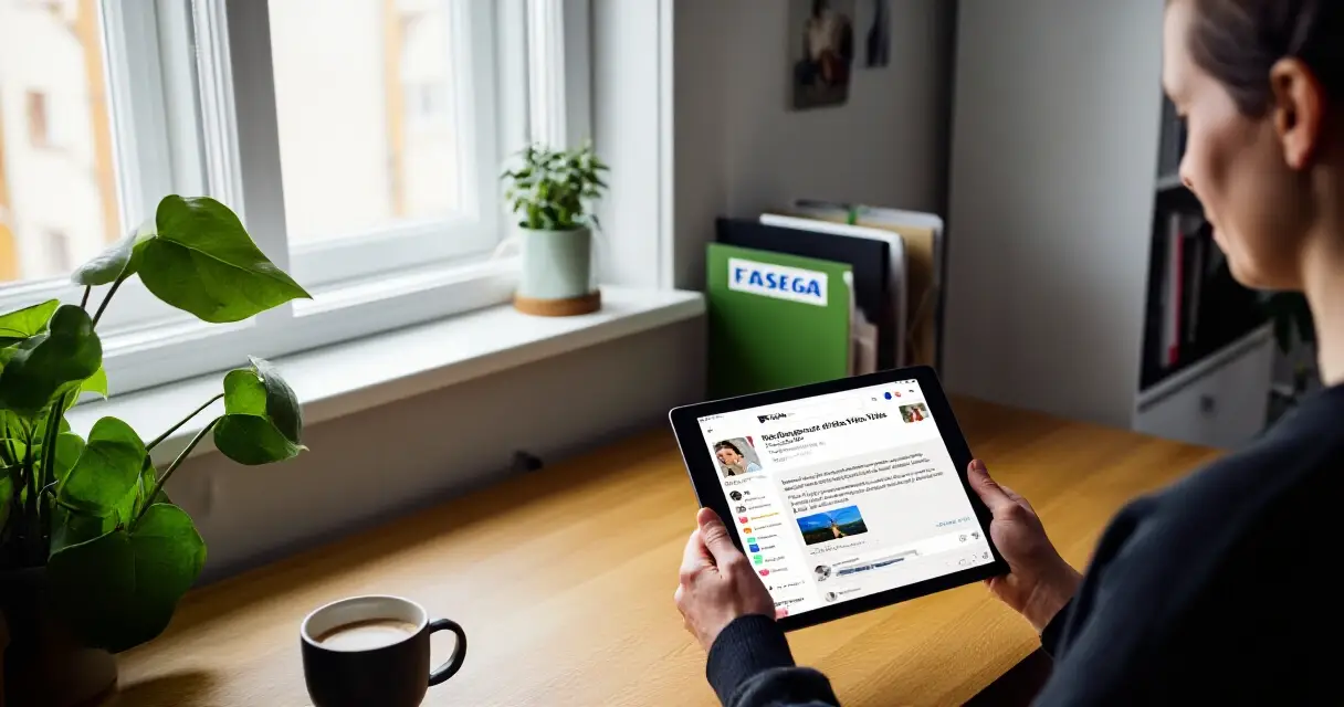 Suomalainen henkilö lukee tekoälyvaikuttajien sisältöä tabletilta kotitoimistossa