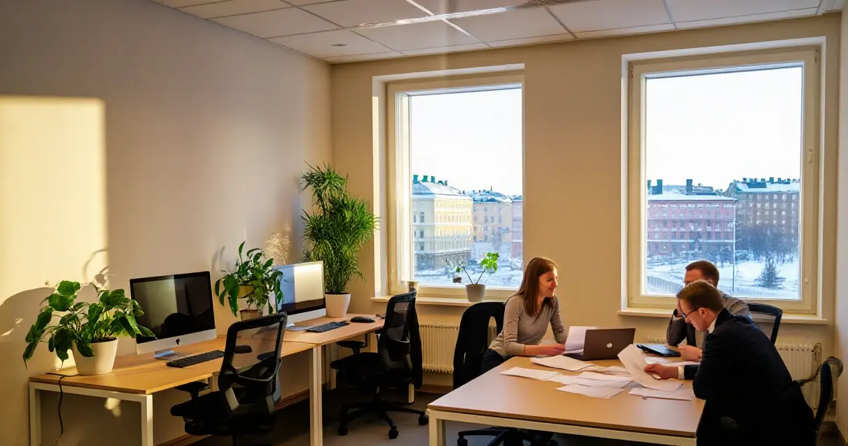 Moderni suomalainen toimisto, jossa tietotyöntekijät työskentelevät tekoälyavusteisesti
