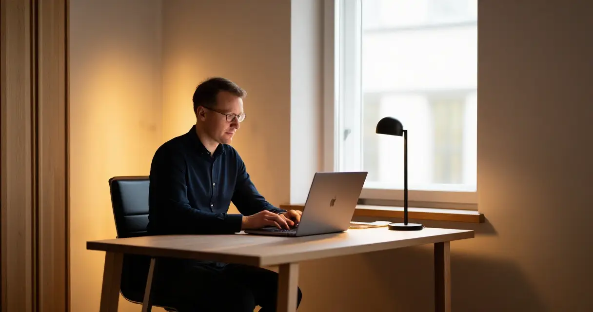 Suomalainen tietotyöntekijä käyttää tekoälyä kannettavalla tietokoneella