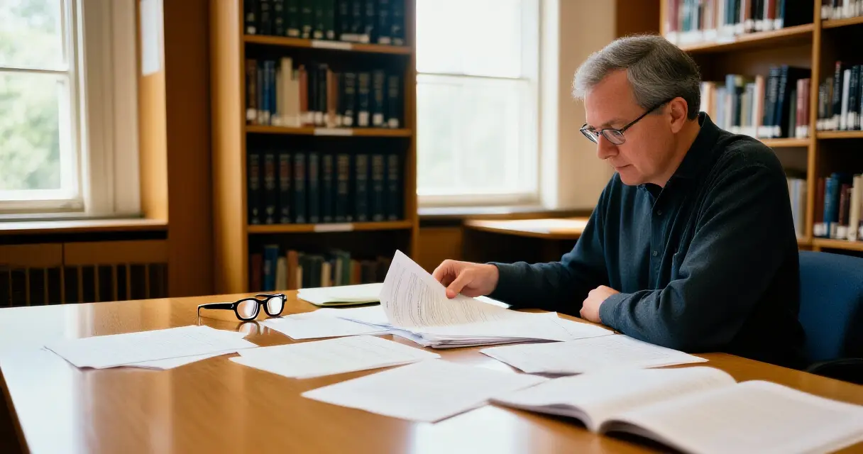 Professori tarkistaa akateemisia tekstej&auml; toimistossaan