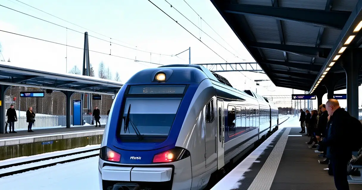 Moderni juna saapuu suomalaiselle asemalle talvipäivänvalossa