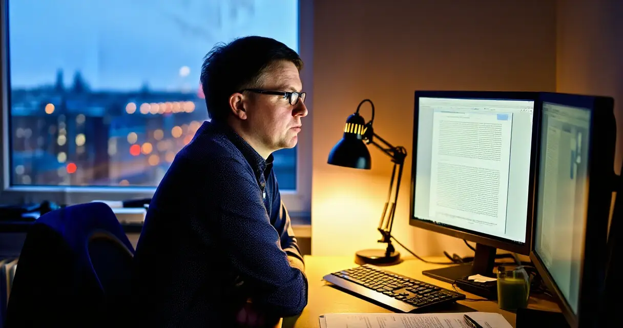 Toimittaja työskentelee uutishuoneessa illalla tietokoneen ääressä