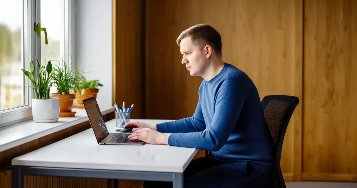 Suomalainen tietoty&ouml;ntekij&auml; modernissa toimistossa kannettavan tietokoneen &auml;&auml;rell&auml;