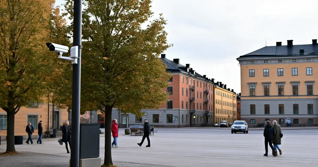 Kaupunkiaukio, jossa turvakamera valvoo julkista tilaa syksyisess&auml; valossa