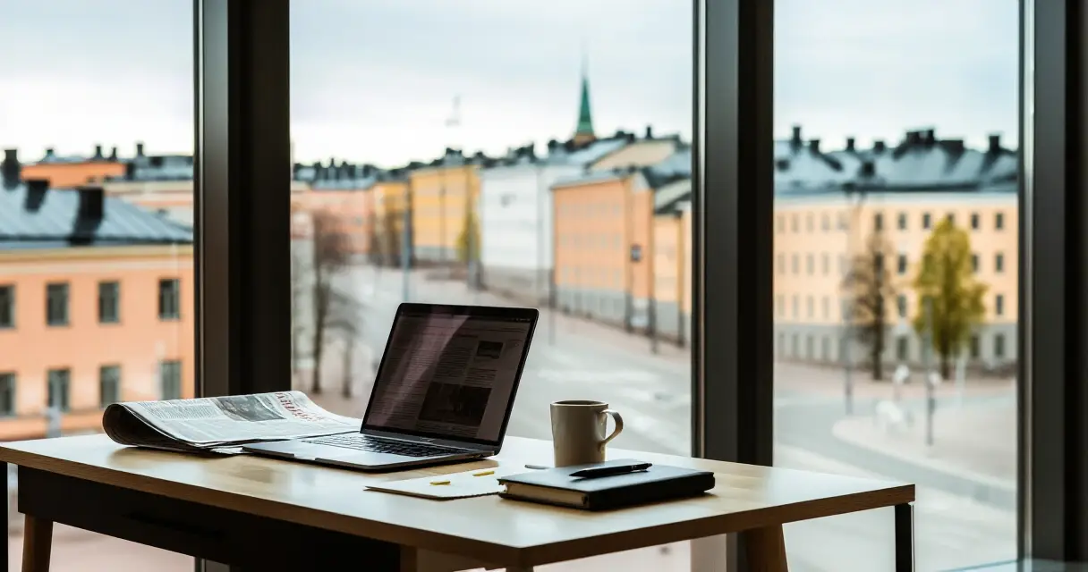 Talousaiheinen ty&ouml;p&ouml;yt&auml; kannettavalla tietokoneella ja lehden sivuilla