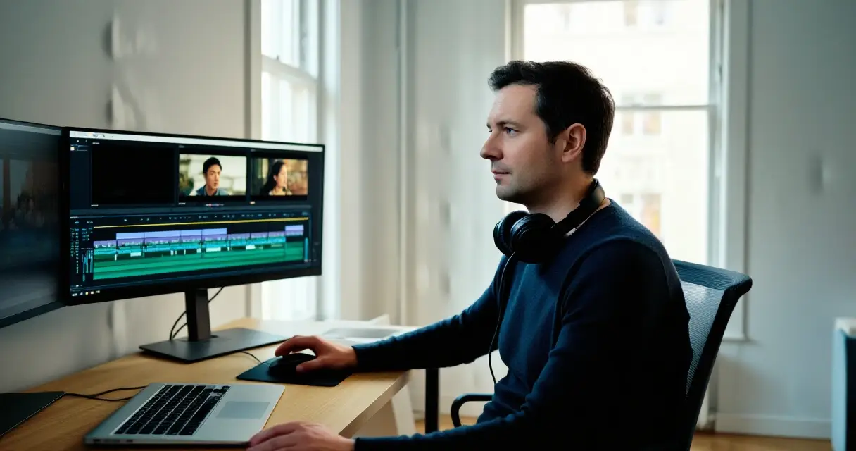 Tekstittäjä työskentelee videon tekstitysten parissa tietokoneen ääressä