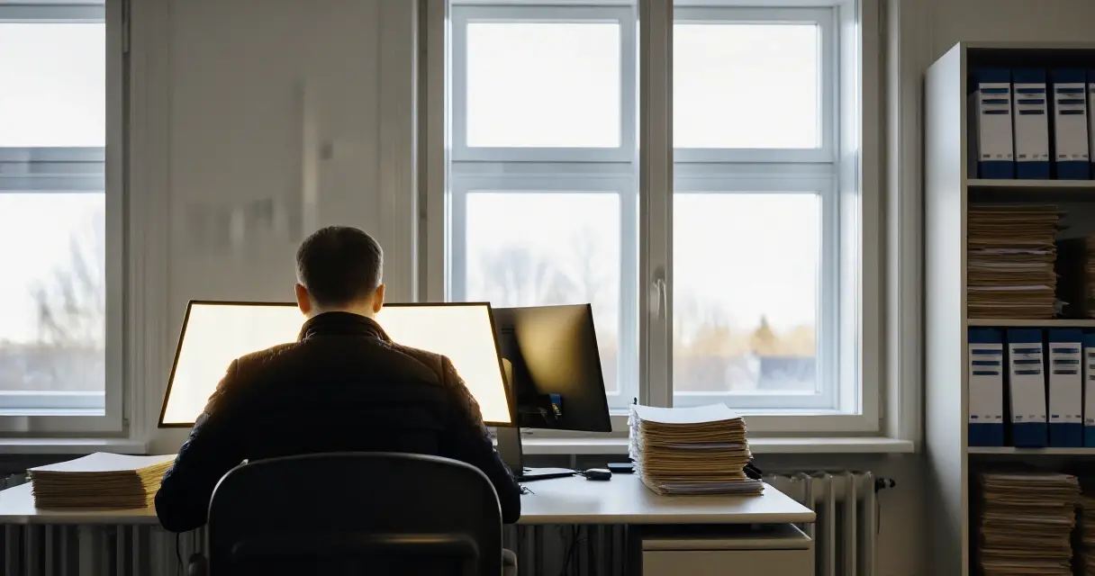 Kelan toimihenkilö tietokoneella moderneissa toimistotiloissa