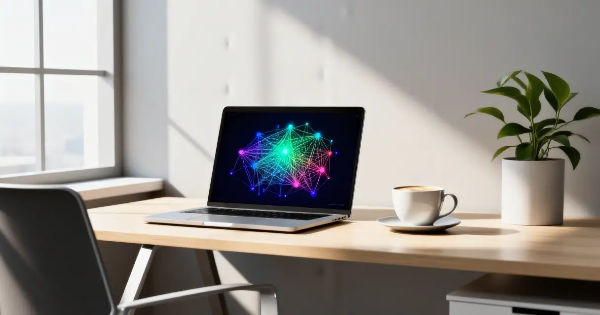 Moderni toimistoympäristö kannettavine tietokoneineen, jossa neuroverkon visualisointi näytöllä